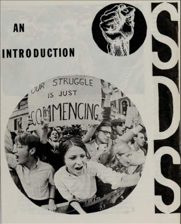 An image featuring a cover from a publication or flyer. The title "An Introduction" is displayed prominently, with bold text. In the upper right corner, there is an illustration of a raised fist symbolizing resistance or solidarity. Below the title, a circular image captures a scene of a protest or rally. A group of people are actively demonstrating, with visible energy and determination, one holding a sign that reads "Our struggle is just commencing." Along the right-hand side, large vertical text spells out "SDS," likely referring to the Students for a Democratic Society.